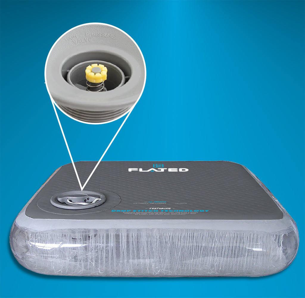 A rectangular inflatable product with a valve on its surface; an enlarged circular inset shows a close-up of the valve, highlighting a yellow component inside. The background is a gradient blue.