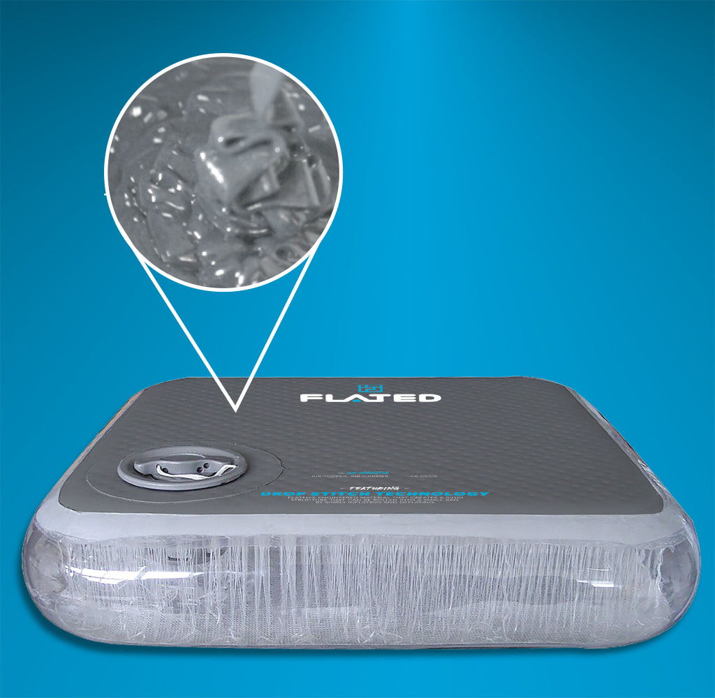 A gray, rectangular inflatable mattress with the brand name FLATED on top and a close-up inset showing a detailed view of the interior structure and fibers inside the mattress against a blue background.
