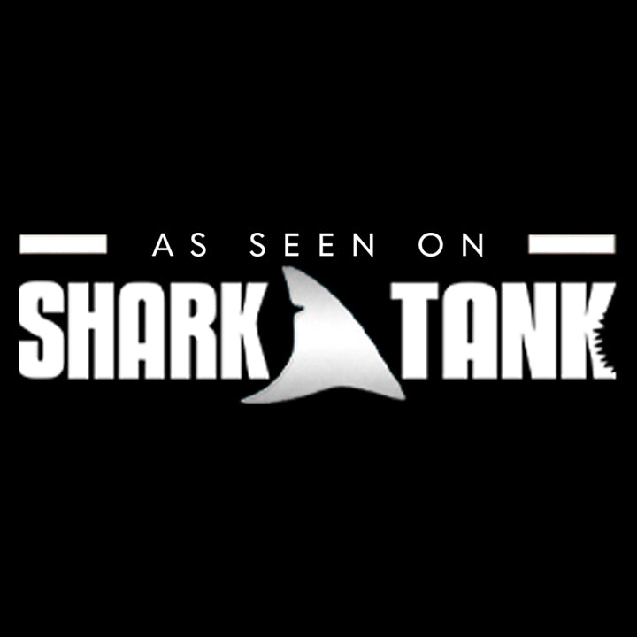 The image features the text As Seen On Shark Tank in bold white letters on a black background, with a shark fin graphic between the words Shark and Tank.