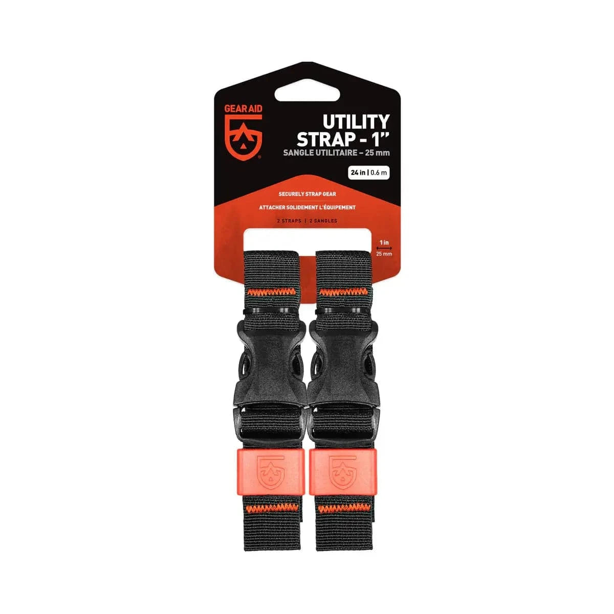Two FLATED Air-Carrier Sport Utility Straps, 1" wide and 60" long in black, feature durable side-release buckles and are perfect for securing your gear. Packaged on a branded card.
