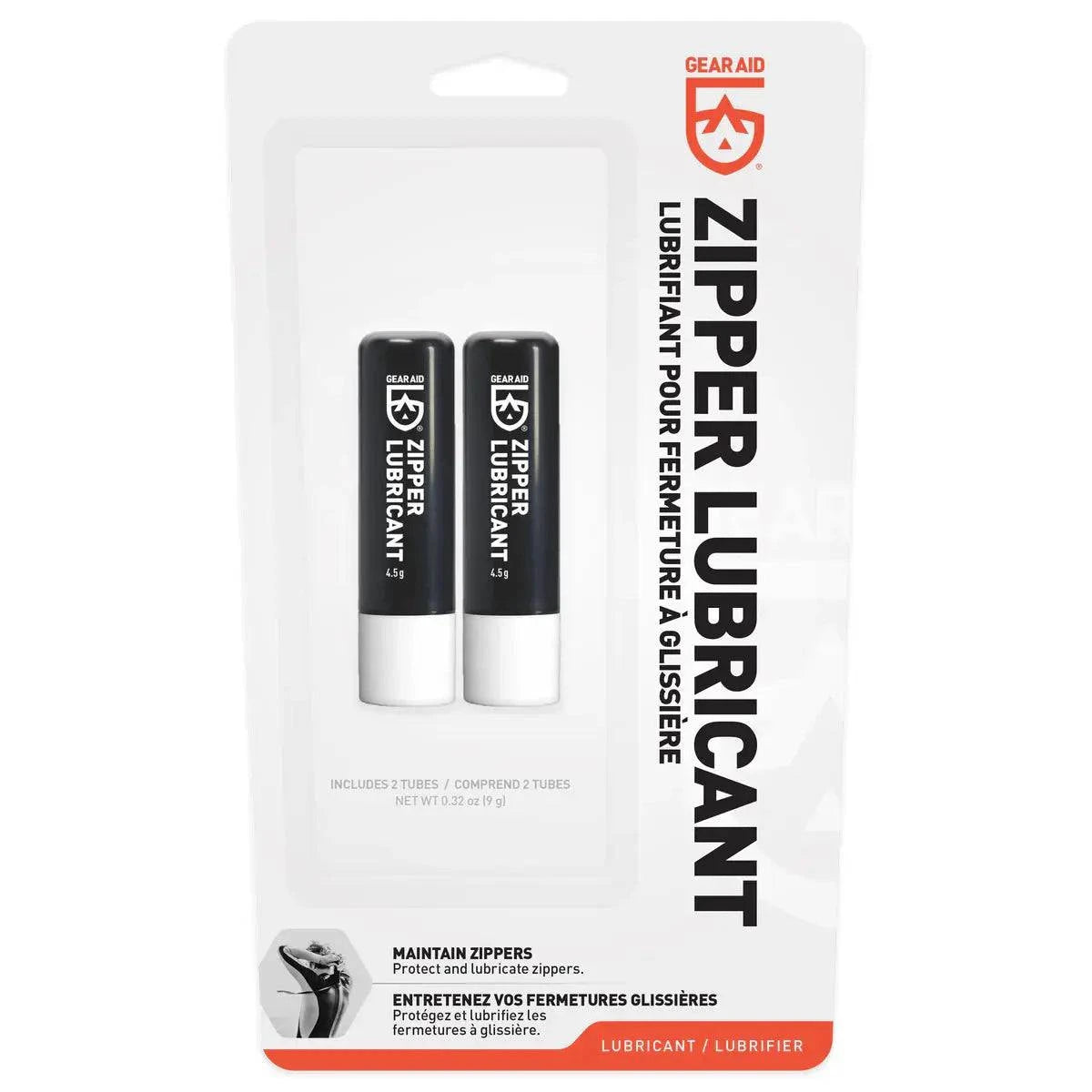 Two black and white tubes labeled Gear Aid Zipper Lubricant Stick for Air-Carriers and Air-Toppers stand upright side by side on a plain white background, perfect for fixing stuck zippers and maintaining smooth, watertight performance.