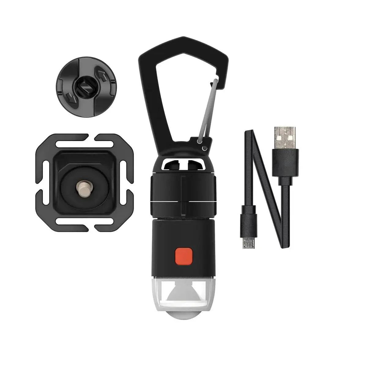 Compact black Gear Aid Carabiner Light Kit for FLATED Air-Toppers with a rechargeable LED light, carabiner, USB charging cable, round magnetic base, and square mounting bracket—perfect for camping, shown on a white background.