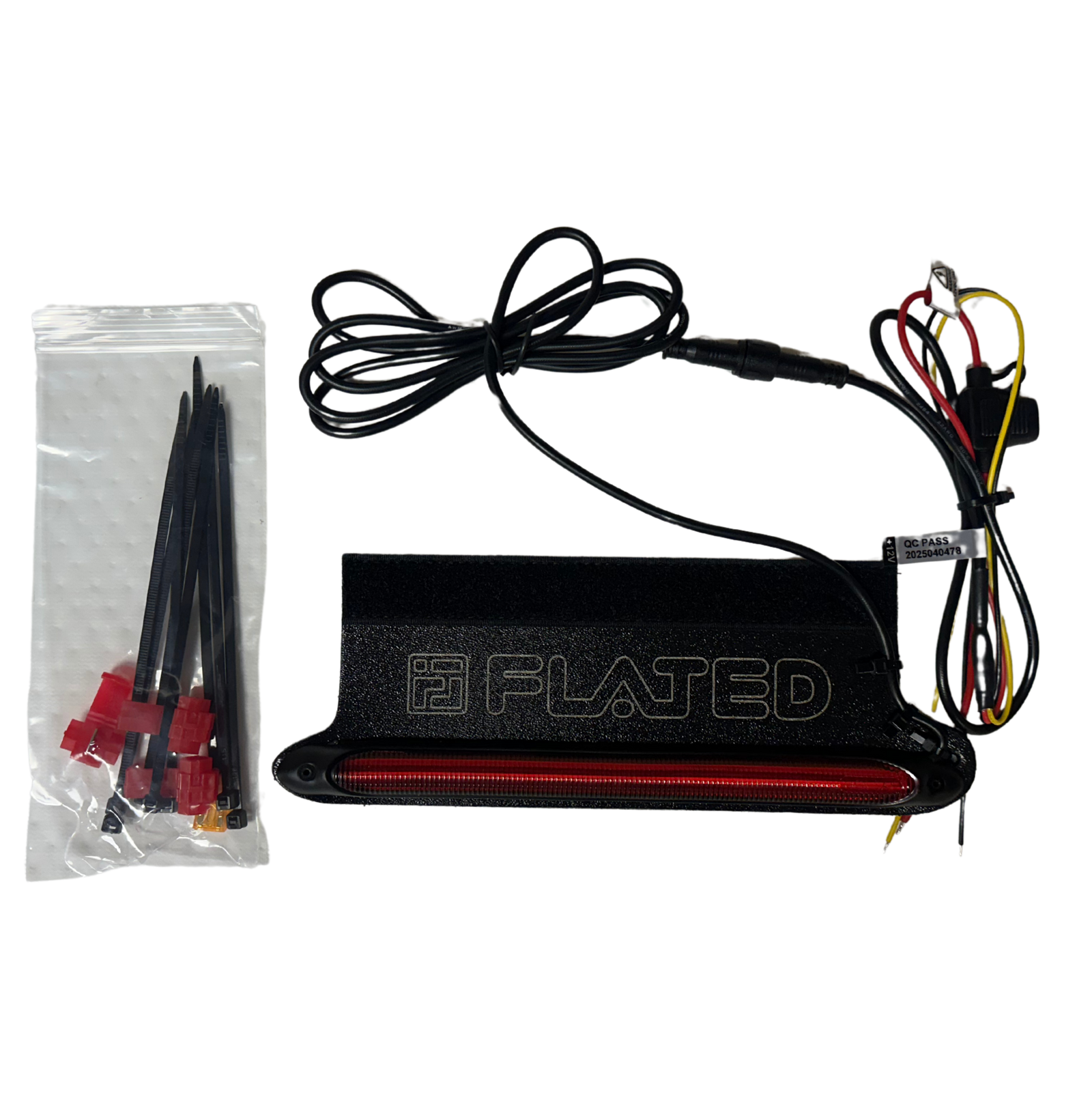 A black FLATED Universal 3rd Brake Light Kit for Air-Topper® with a red light strip, attached wires, plug, and a separate bag of cable ties and connectors is shown on a white background.