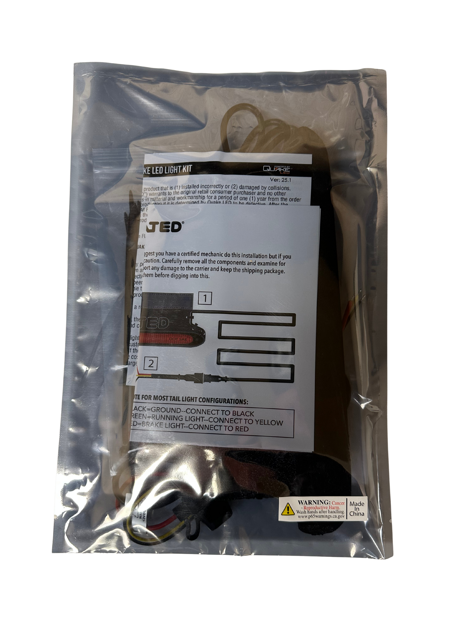 A black FLATED Universal 3rd Brake Light Kit for Air-Topper® with a red light strip, attached wires, plug, and a separate bag of cable ties and connectors is shown on a white background.