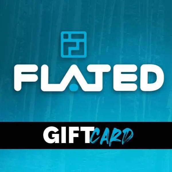 A bold blue graphic displays the FLATED logo above “GIFT CARD,” with “GIFT” in white and “CARD” in light blue. FLATED GIFT CARDS are the perfect gift for any occasion or for organizing your adventures.