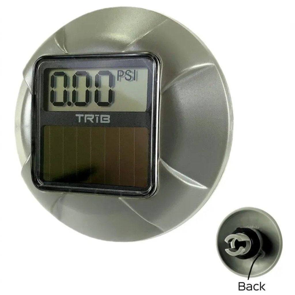 The TRIB airCap HR Digital Pressure Gauge by TRIB features a solar-powered LCD display showing 0.00 PSI, mounted on a round metallic surface. Inset reveals the back view and an inflatable valve connector for easy use.
